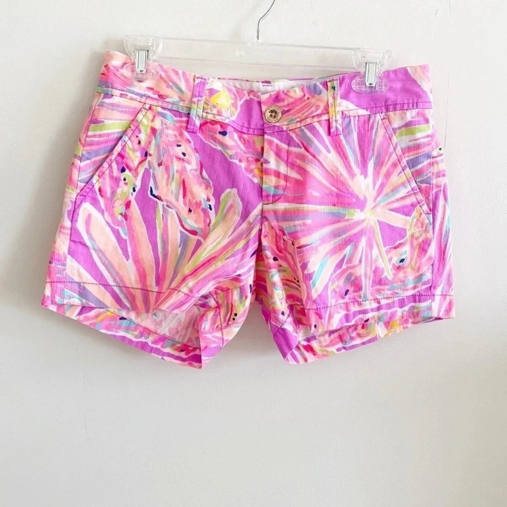 Lilly Pulitzer Callahan Purple Pink Palmetto Leaf Shorts Mid Rise Sz 2 - Picture 2 of 9